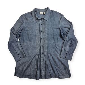 Chico's Blue Pleated Chambray Long‎ Sleeve Button Down Blouse Women's Size 3